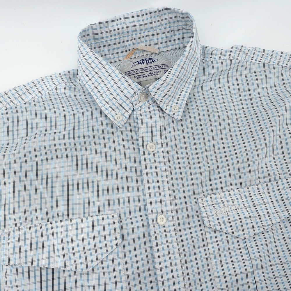 AFTCO Fishing Shirt White Blue Plaid Ventilated Button Down‎ Mens Large Flaws